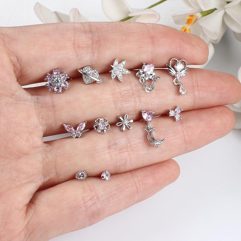 Sanfenly 12 PCS 20G Nose Rings Surgical Stainless Steel, L Shaped Nose Studs for Women Men, CZ Heart Butterfly Flower Leaf Moon Dangle Cute Nose Piercings Studs Screw Jewelry Pink/Purple/Blue/Clear - Image 5